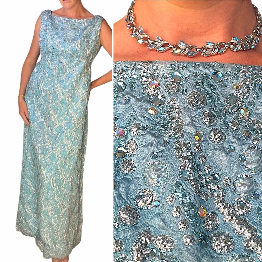 Vintage 50s60s Lee Claire Bonwit Teller Blue Silver Brocade Rhinestone Maxi Gown